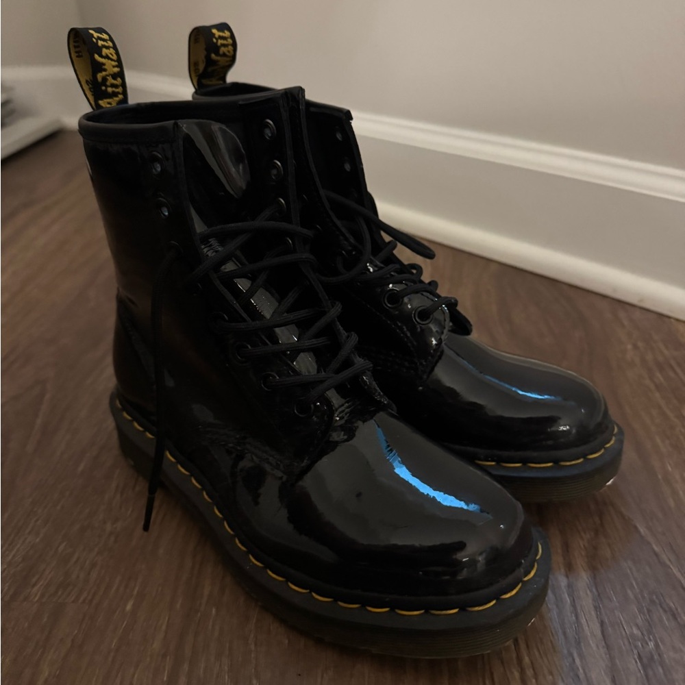 Dr. Martens Black Combat Moto Boots with Patent Finish